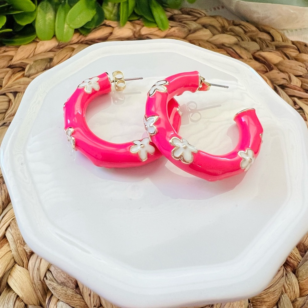 New Hot Pink Enamel Daisy Hoop Earrings | Barbiecore | 1 inch | Vibrant